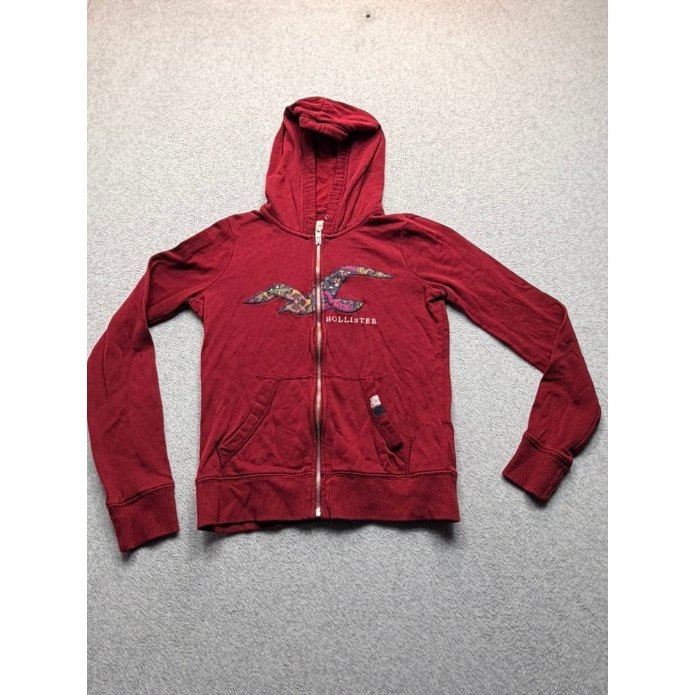 Hollister Womens Full Zip Hoodie Burgundy Red Floral Seagull Logo Sweatshirt S